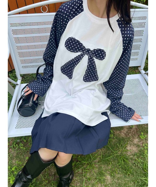 WC(ダブル シー)の「《セットアップ対象★》ドットラグランパッチワークロンT(Tシャツ/カットソー・レディース・グレー/ネイビー・FREE)」の3枚目の写真