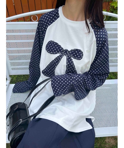 WC(ダブル シー)の「《セットアップ対象★》ドットラグランパッチワークロンT(Tシャツ/カットソー・レディース・グレー/ネイビー・FREE)」の10枚目の写真