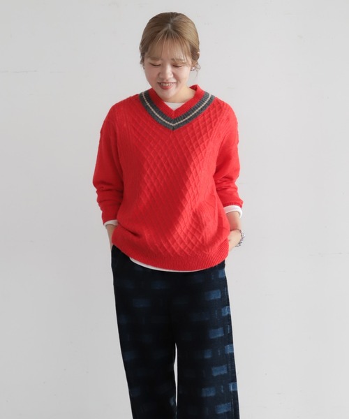 NOMBRE IMPAIR(ノンブルアンペール)の「ウールアルパカケーブル チルデンP/O(ニット/セーター・レディース・レッド/チャコールグレー・FREE)」の7枚目の写真