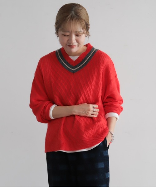 NOMBRE IMPAIR(ノンブルアンペール)の「ウールアルパカケーブル チルデンP/O(ニット/セーター・レディース・レッド/チャコールグレー・FREE)」の6枚目の写真