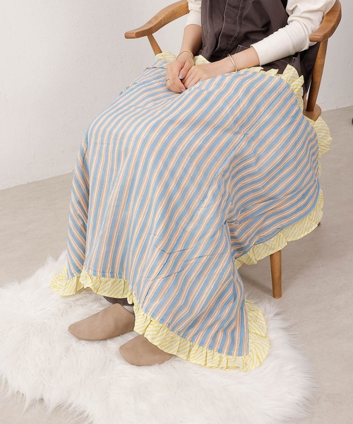 セール】ストライプブロックプリント フリルブランケット