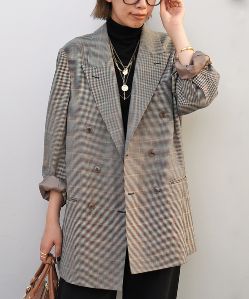 美品☆クチュールドアダム シルク混ウール テーラードジャケット ダブル チェック 美品☆クチュールドアダム シルク混ウール テーラードジャケット