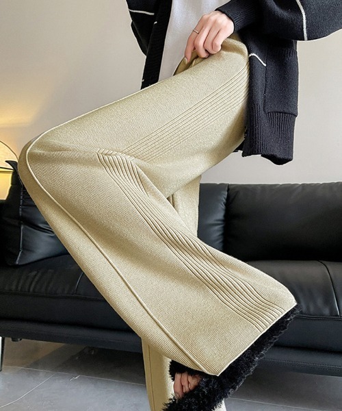 shoppinggo（ショッピングゴー）の「ニットパンツ リブニット ワイドパンツ フレアパンツ リラックスパンツ（その他パンツ・レディース・ピンク/ベージュ/ブラック/アイボリー・FREE）」の3枚目の写真