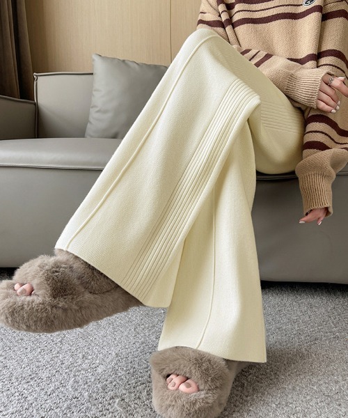 shoppinggo（ショッピングゴー）の「ニットパンツ リブニット ワイドパンツ フレアパンツ リラックスパンツ（その他パンツ・レディース・ピンク/ベージュ/ブラック/アイボリー・FREE）」の2枚目の写真