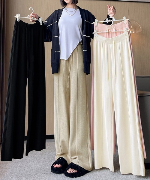 shoppinggo（ショッピングゴー）の「ニットパンツ リブニット ワイドパンツ フレアパンツ リラックスパンツ（その他パンツ・レディース・ピンク/ベージュ/ブラック/アイボリー・FREE）」の21枚目の写真