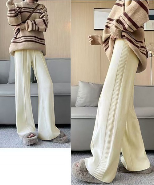shoppinggo（ショッピングゴー）の「ニットパンツ リブニット ワイドパンツ フレアパンツ リラックスパンツ（その他パンツ・レディース・ピンク/ベージュ/ブラック/アイボリー・FREE）」の9枚目の写真