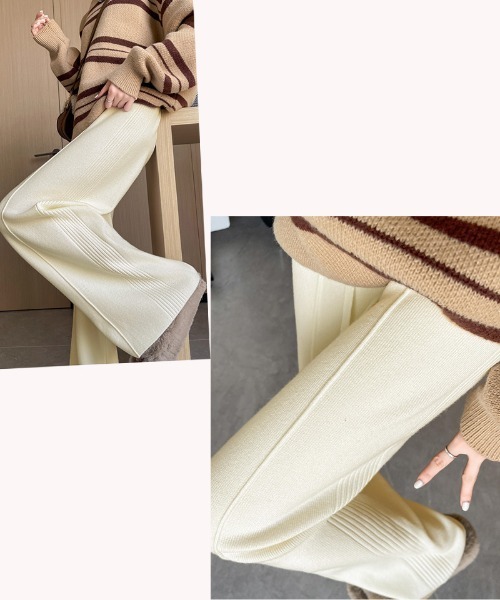 shoppinggo（ショッピングゴー）の「ニットパンツ リブニット ワイドパンツ フレアパンツ リラックスパンツ（その他パンツ・レディース・ピンク/ベージュ/ブラック/アイボリー・FREE）」の10枚目の写真