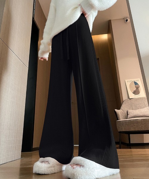 shoppinggo（ショッピングゴー）の「ニットパンツ リブニット ワイドパンツ フレアパンツ リラックスパンツ（その他パンツ・レディース・ピンク/ベージュ/ブラック/アイボリー・FREE）」の12枚目の写真