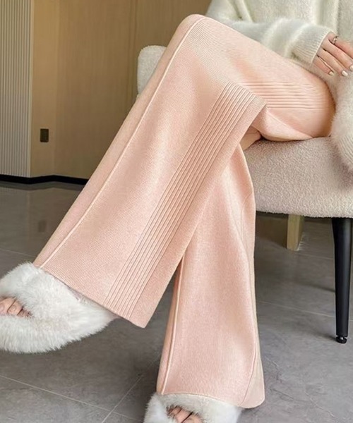 shoppinggo（ショッピングゴー）の「ニットパンツ リブニット ワイドパンツ フレアパンツ リラックスパンツ（その他パンツ・レディース・ピンク/ベージュ/ブラック/アイボリー・FREE）」の5枚目の写真