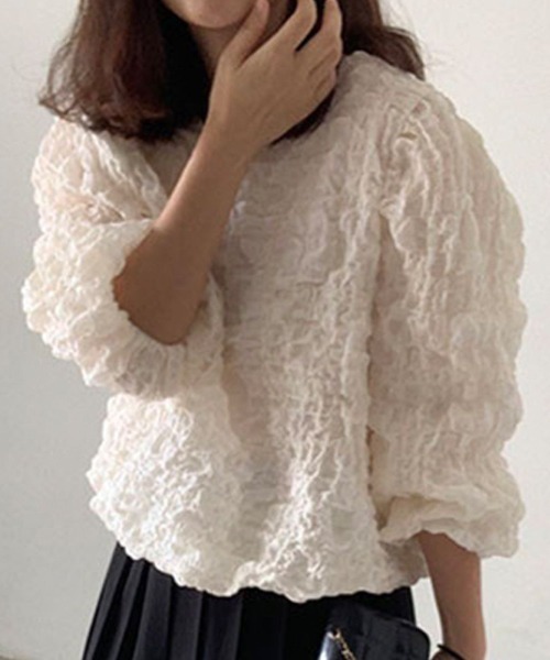 LETee(レティー)の「ワッフル風変わり織プルオーバーブラウス(シャツ/ブラウス・レディース・ホワイト/ブラック・FREE)」の4枚目の写真
