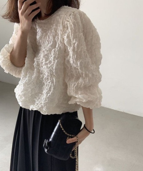 LETee(レティー)の「ワッフル風変わり織プルオーバーブラウス(シャツ/ブラウス・レディース・ホワイト/ブラック・FREE)」の6枚目の写真