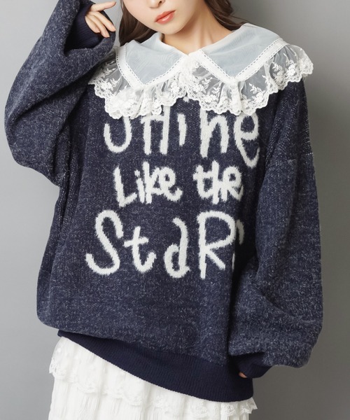 SPINNS（スピンズ）の「体型カバーも◎ゆるロゴジャガードニット/手書き風ロゴ（ニット/セーター・レディース・チャコール/ネイビー/ボルドー/アイボリー/グレー・ONESIZE）」の5枚目の写真