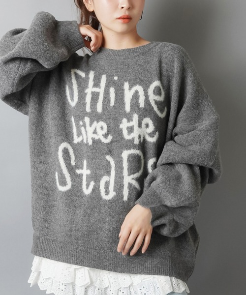 SPINNS（スピンズ）の「体型カバーも◎ゆるロゴジャガードニット/手書き風ロゴ（ニット/セーター・レディース・チャコール/ネイビー/ボルドー/アイボリー/グレー・ONESIZE）」の9枚目の写真