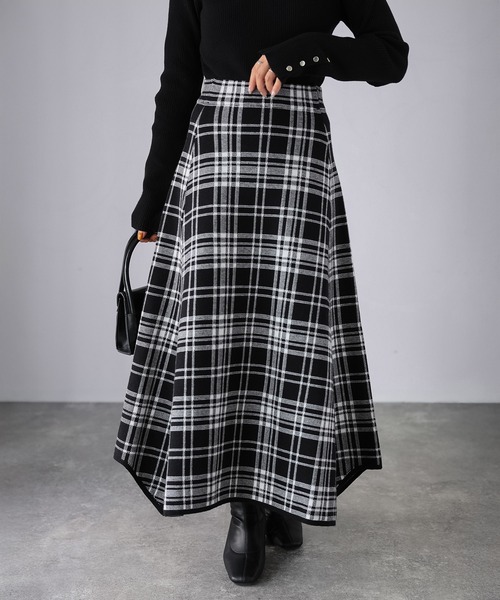 セール】チェック柄ジャガードニットフレアスカート（スカート