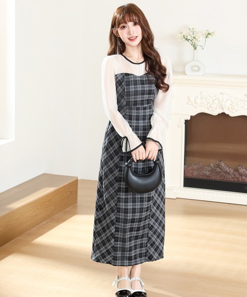 セール】配色 チェック柄 ドッキング ロング ワンピース（ワンピース