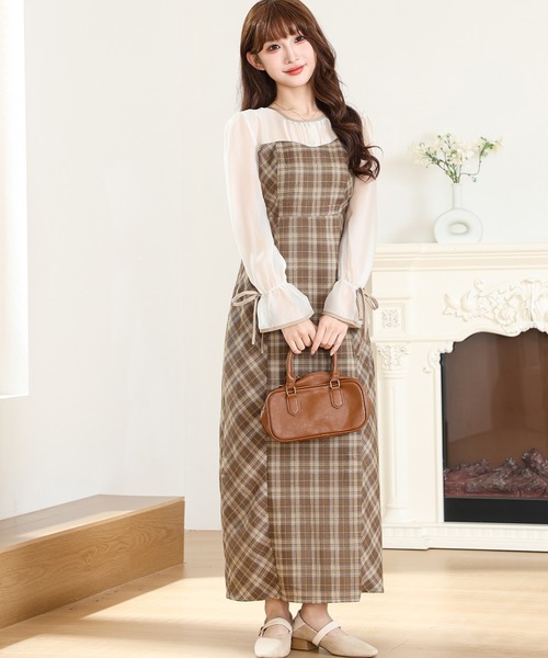 【グレースコンチネンタル】チェックプリントロングワンピース 36 茶色　金ボタン グレースコンチネンタル】チェックプリントロングワンピース 36 茶色