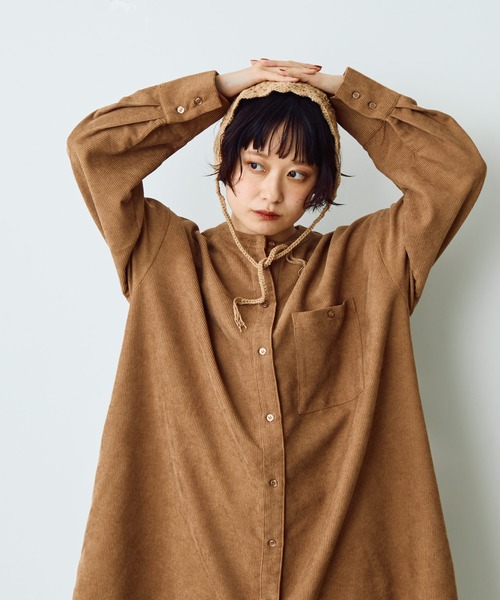 セール】バックリボンコーデュロイロングシャツワンピース（シャツ