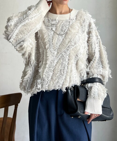 Chez toi（シェトワ）の「シャギーフリンジニットプルオーバー（ニット/セーター・レディース・グリーン/オフホワイト/ブラック・FREE）」の2枚目の写真