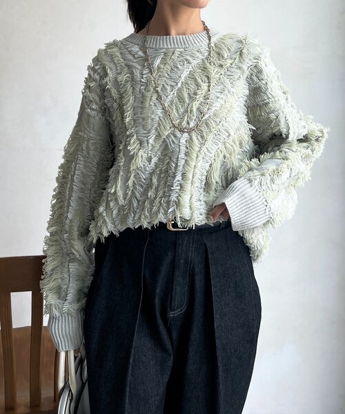 Chez toi（シェトワ）の「シャギーフリンジニットプルオーバー（ニット/セーター・レディース・グリーン/オフホワイト/ブラック・FREE）」の3枚目の写真