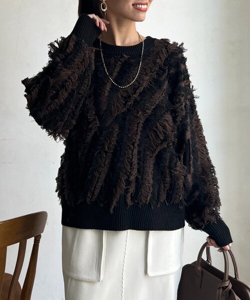 Chez toi（シェトワ）の「シャギーフリンジニットプルオーバー（ニット/セーター・レディース・グリーン/オフホワイト/ブラック・FREE）」の11枚目の写真