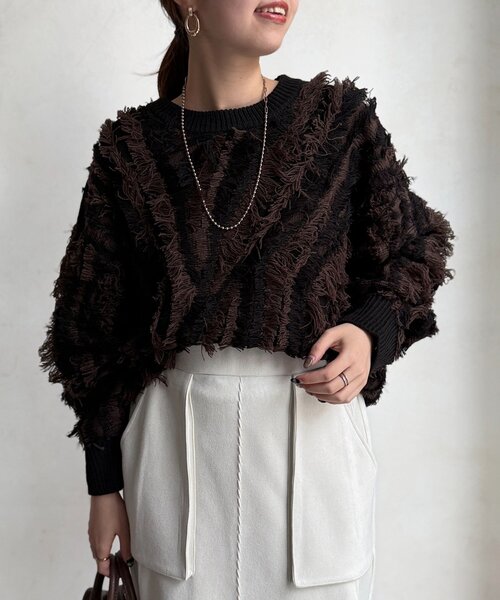 Chez toi（シェトワ）の「シャギーフリンジニットプルオーバー（ニット/セーター・レディース・グリーン/オフホワイト/ブラック・FREE）」の16枚目の写真