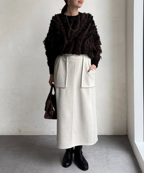 Chez toi（シェトワ）の「シャギーフリンジニットプルオーバー（ニット/セーター・レディース・グリーン/オフホワイト/ブラック・FREE）」の4枚目の写真