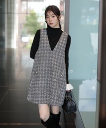 美品 リランドチュール チェックジャンスカ ラメニットセット グレー オトナ女子のキレイめジャンスカ】モールチェックツイードジャンスカ