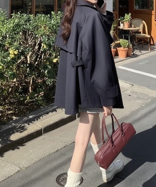 cammie(キャミー)の「トレンチ風ミドル丈コート(トレンチコート・レディース・アイボリー/ブラック・M/L)」の7枚目の写真