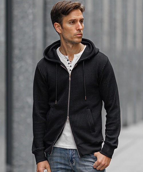 SOMEDIFF(サムディフ)の「【SOEMDIFF】ワッフルフルジップパーカー メンズ スウェット ホワイト ネイビー ブラック 春服 冬服(パーカー・メンズ・ホワイト×ネイビー/ホワイト/ブラック・M/L/XL)」の3枚目の写真