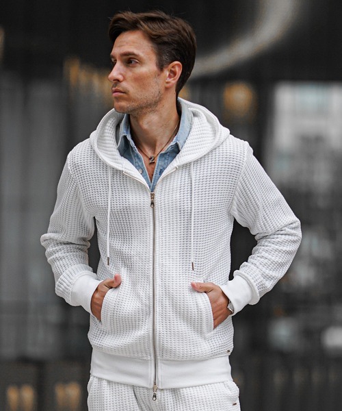 SOMEDIFF(サムディフ)の「【SOEMDIFF】ワッフルフルジップパーカー メンズ スウェット ホワイト ネイビー ブラック 春服 冬服(パーカー・メンズ・ホワイト×ネイビー/ホワイト/ブラック・M/L/XL)」の4枚目の写真