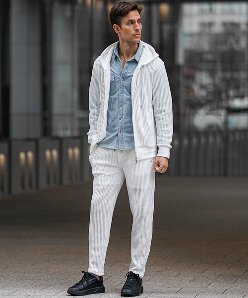 SOMEDIFF(サムディフ)の「【SOEMDIFF】ワッフルフルジップパーカー メンズ スウェット ホワイト ネイビー ブラック 春服 冬服(パーカー・メンズ・ホワイト×ネイビー/ホワイト/ブラック・M/L/XL)」の5枚目の写真