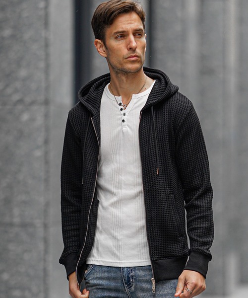 SOMEDIFF(サムディフ)の「【SOEMDIFF】ワッフルフルジップパーカー メンズ スウェット ホワイト ネイビー ブラック 春服 冬服(パーカー・メンズ・ホワイト×ネイビー/ホワイト/ブラック・M/L/XL)」の12枚目の写真