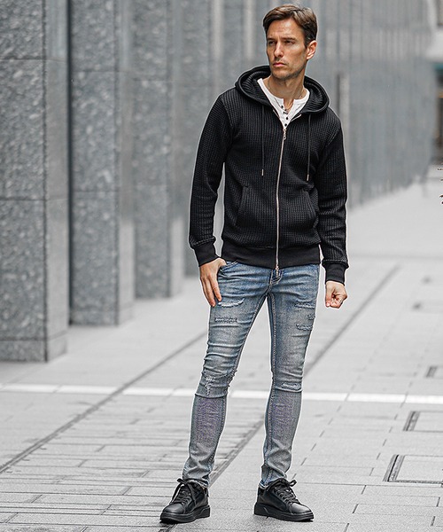 SOMEDIFF(サムディフ)の「【SOEMDIFF】ワッフルフルジップパーカー メンズ スウェット ホワイト ネイビー ブラック 春服 冬服(パーカー・メンズ・ホワイト×ネイビー/ホワイト/ブラック・M/L/XL)」の13枚目の写真