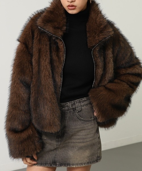 ANAP（アナップ）の「ダブルジップ ミックスファー ブルゾン（ブルゾン・レディース・ブラウン/グレー/ベージュ・F）」の2枚目の写真