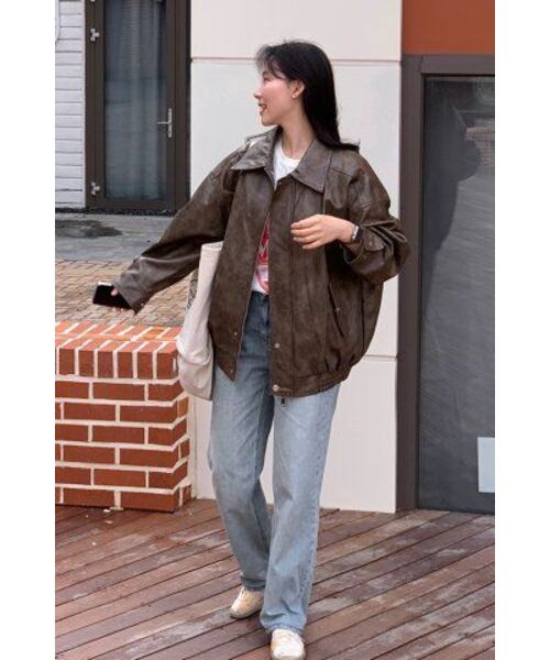 LADY VOLUME(レディーボリューム)の「465-1 VINTAGE WASHING LEATHER LOOSE FIT JUMPER_BROWN(ライダースジャケット・レディース・その他・FREE)」の7枚目の写真