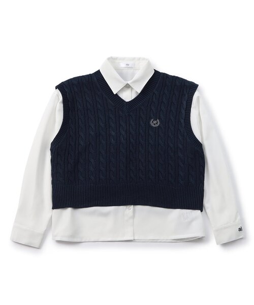 algy（アルジー）の「【セレモニー対応】透かし編みニットベスト&シャツセット（シャツ/ブラウス・キッズ・ネイビー/オフホワイト・130/140/150/160）」の7枚目の写真