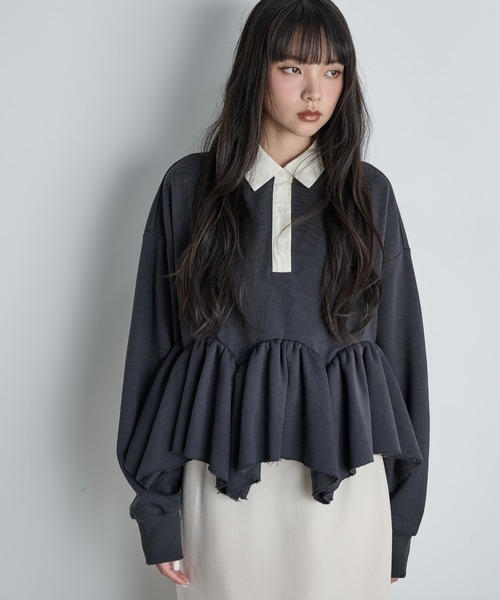 THE YOn（ザヨン）の「イレギュラーヘムペプラムラガーポロトップス（スウェット・レディース・チャコールグレー/グレー/キャメル・FREE）」の19枚目の写真