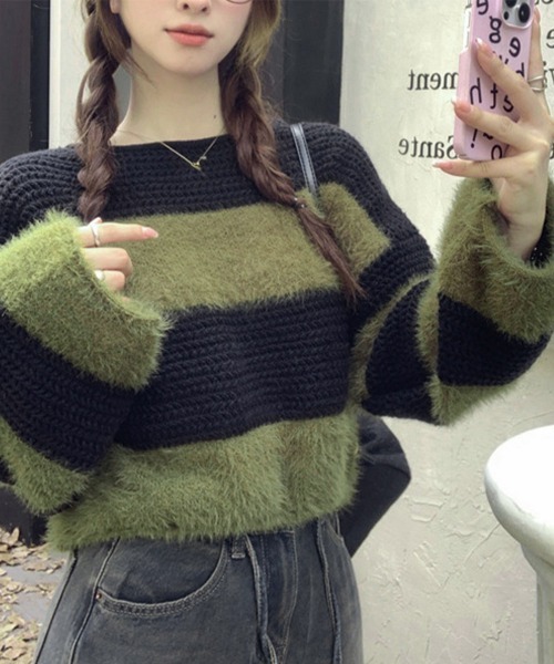 Miniministore(ミニミニストア)の「ワイドボーター シャギーニットレディース(ニット/セーター・レディース・ブラウン/ブラック/カーキ・FREE)」の3枚目の写真