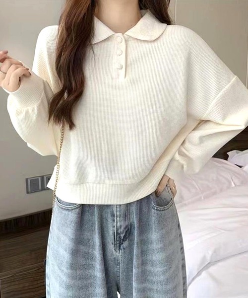 Dewlily(デューリリー)の「ゆるさと可愛さをさりげなくプラスするトップス ショート丈ワッフル風ポロプルオーバー(ポロシャツ・レディース・ネイビー/グレー/ホワイト・L/S/M/XL)」の2枚目の写真