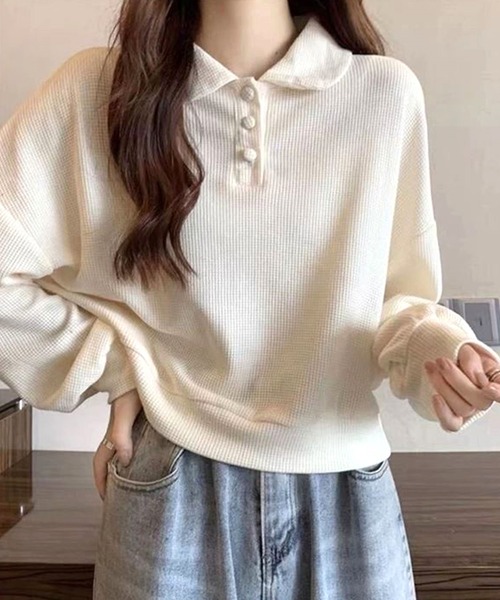 Dewlily(デューリリー)の「ゆるさと可愛さをさりげなくプラスするトップス ショート丈ワッフル風ポロプルオーバー(ポロシャツ・レディース・ネイビー/グレー/ホワイト・L/S/M/XL)」の5枚目の写真