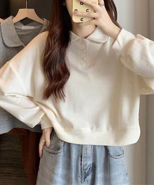 Dewlily(デューリリー)の「ゆるさと可愛さをさりげなくプラスするトップス ショート丈ワッフル風ポロプルオーバー(ポロシャツ・レディース・ネイビー/グレー/ホワイト・L/S/M/XL)」の7枚目の写真