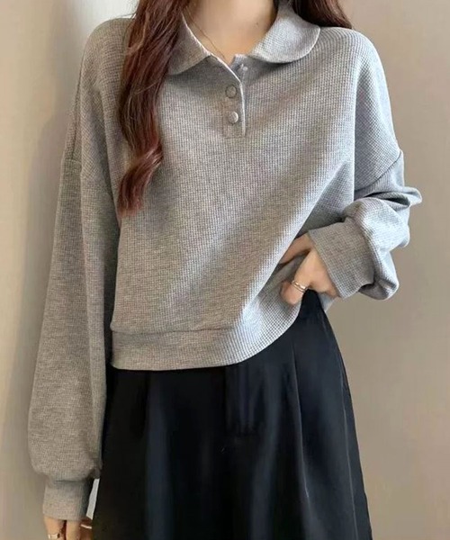 Dewlily(デューリリー)の「ゆるさと可愛さをさりげなくプラスするトップス ショート丈ワッフル風ポロプルオーバー(ポロシャツ・レディース・ネイビー/グレー/ホワイト・L/S/M/XL)」の8枚目の写真
