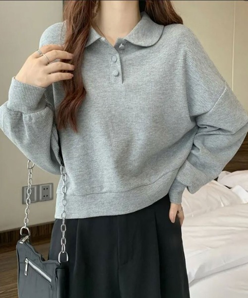 Dewlily(デューリリー)の「ゆるさと可愛さをさりげなくプラスするトップス ショート丈ワッフル風ポロプルオーバー(ポロシャツ・レディース・ネイビー/グレー/ホワイト・L/S/M/XL)」の9枚目の写真