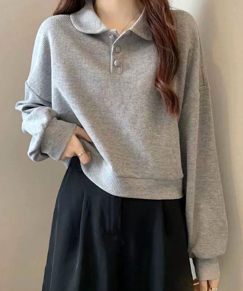 Dewlily(デューリリー)の「ゆるさと可愛さをさりげなくプラスするトップス ショート丈ワッフル風ポロプルオーバー(ポロシャツ・レディース・ネイビー/グレー/ホワイト・L/S/M/XL)」の10枚目の写真