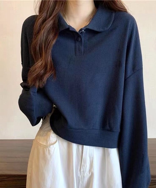 Dewlily(デューリリー)の「ゆるさと可愛さをさりげなくプラスするトップス ショート丈ワッフル風ポロプルオーバー(ポロシャツ・レディース・ネイビー/グレー/ホワイト・L/S/M/XL)」の12枚目の写真