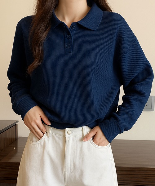 Dewlily(デューリリー)の「ゆるさと可愛さをさりげなくプラスするトップス ショート丈ワッフル風ポロプルオーバー(ポロシャツ・レディース・ネイビー/グレー/ホワイト・L/S/M/XL)」の13枚目の写真