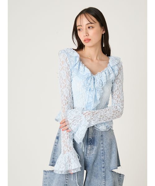 FRAY I.D(フレイアイディー)の「ラッフルデザインレーストップス(Tシャツ/カットソー・レディース・ライトブルー/マルチ/ホワイト・F)」の8枚目の写真