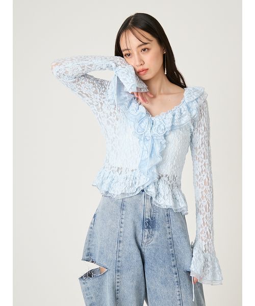 FRAY I.D(フレイアイディー)の「ラッフルデザインレーストップス(Tシャツ/カットソー・レディース・ライトブルー/マルチ/ホワイト・F)」の16枚目の写真