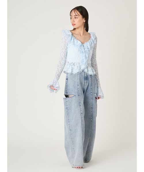 FRAY I.D(フレイアイディー)の「ラッフルデザインレーストップス(Tシャツ/カットソー・レディース・ライトブルー/マルチ/ホワイト・F)」の22枚目の写真