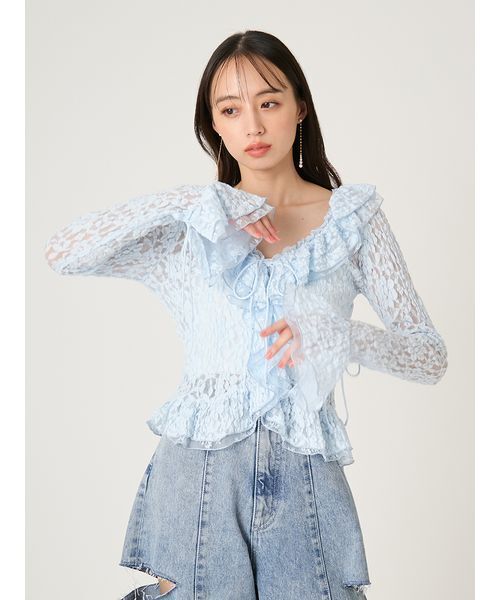 FRAY I.D(フレイアイディー)の「ラッフルデザインレーストップス(Tシャツ/カットソー・レディース・ライトブルー/マルチ/ホワイト・F)」の2枚目の写真